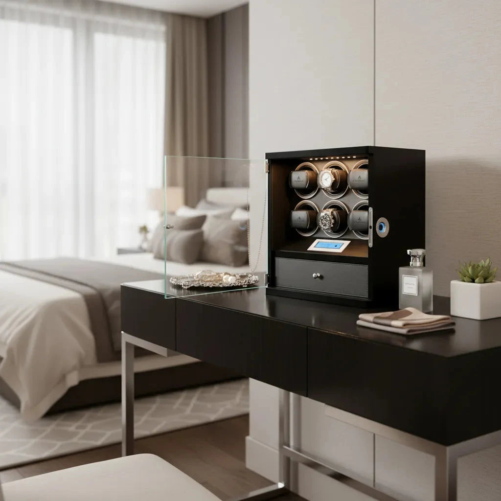 6 Watch Winder with Storage Drawer Piano Black Wood Finish Tower Series by Aevitas