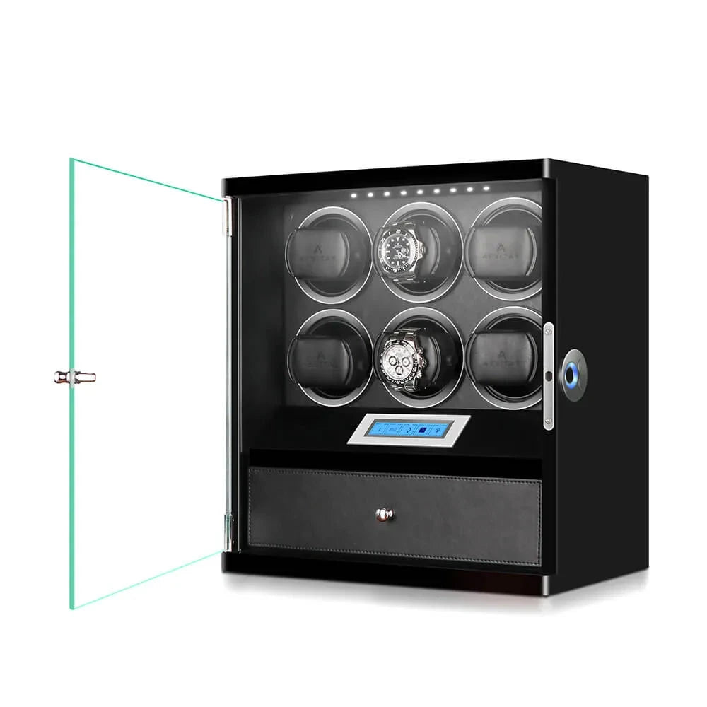 6 Watch Winder with Storage Drawer Piano Black Wood Finish Tower Series by Aevitas