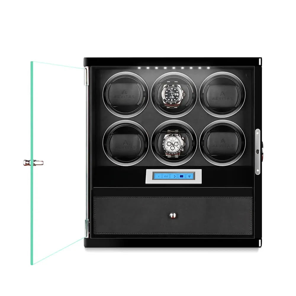 6 Watch Winder with Storage Drawer Piano Black Wood Finish Tower Series by Aevitas