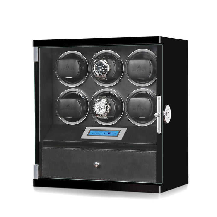 6 Watch Winder with Storage Drawer Piano Black Wood Finish Tower Series by Aevitas