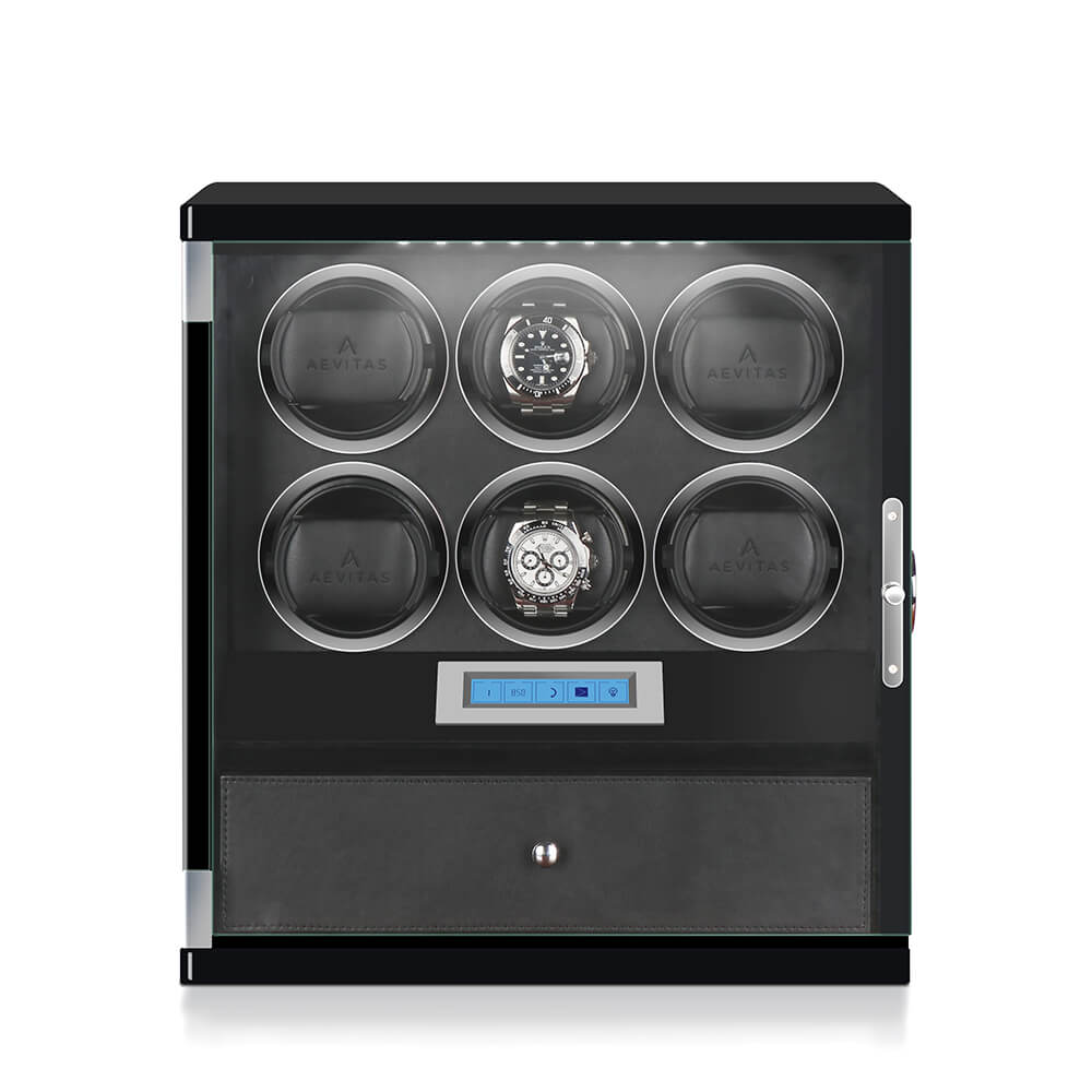 6 Watch Winder with Storage Drawer Piano Black Wood Finish Tower Series by Aevitas