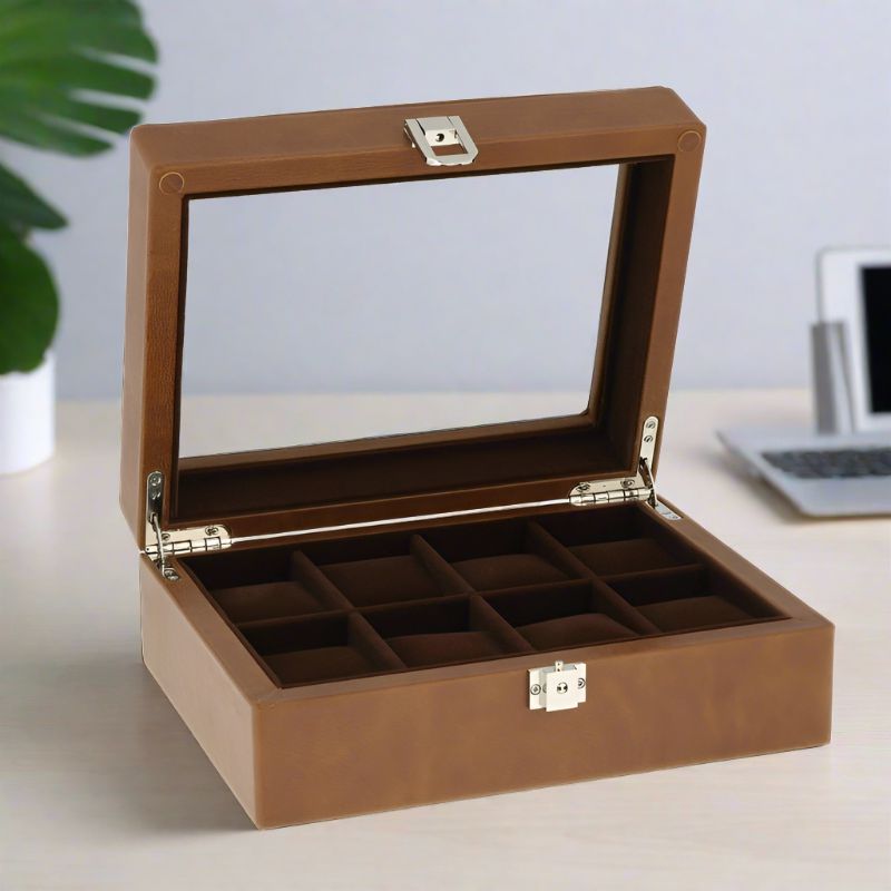 8 Watch Box Cognac Brown Genuine Leather Velvet Lining by Aevitas