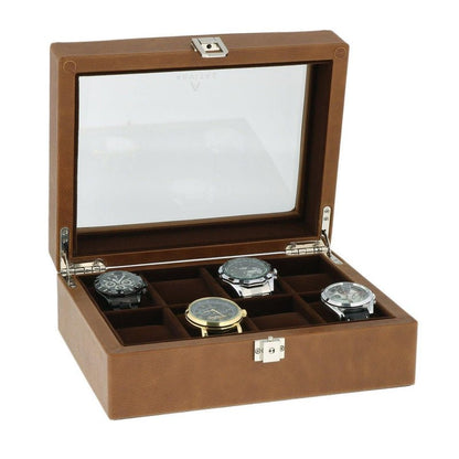 8 Watch Box Cognac Brown Genuine Leather Velvet Lining by Aevitas