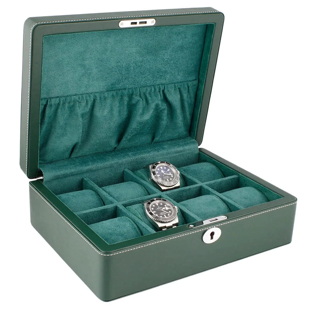 8 Watch Box in Green Leather Finish Fine Quality by Aevitas