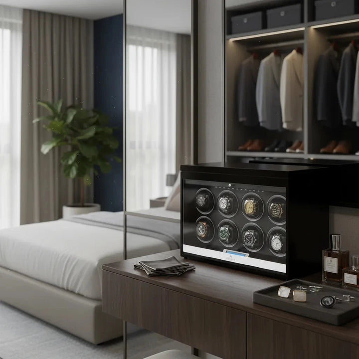 A modern bedroom features a glass wardrobe, bed, and vanity table displaying the Aevitas 8 Watch Winder Black Edition with Extra Storage Area, along with perfumes and papers. A potted plant sits by the window with sheer curtains.
