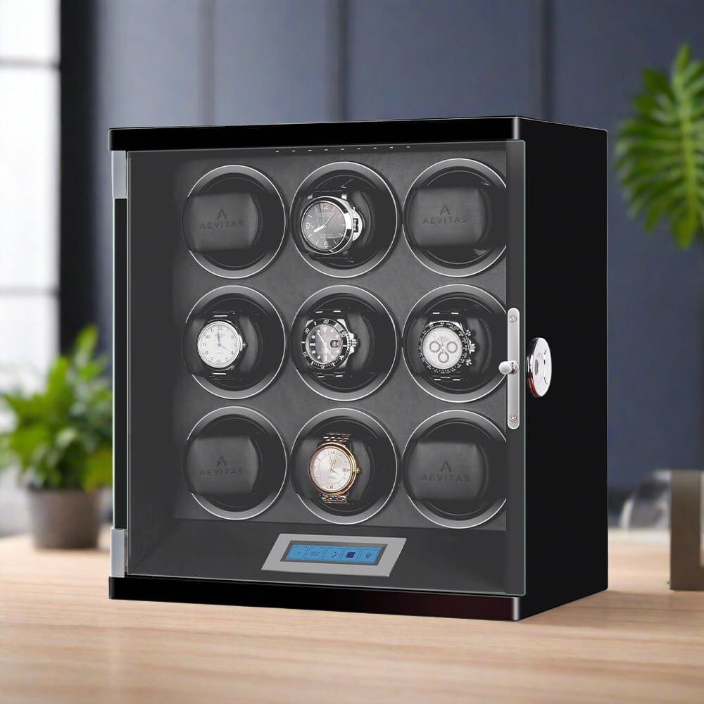 9 Watch Winder Piano Black Wood Finish the Tower Series by Aevitas