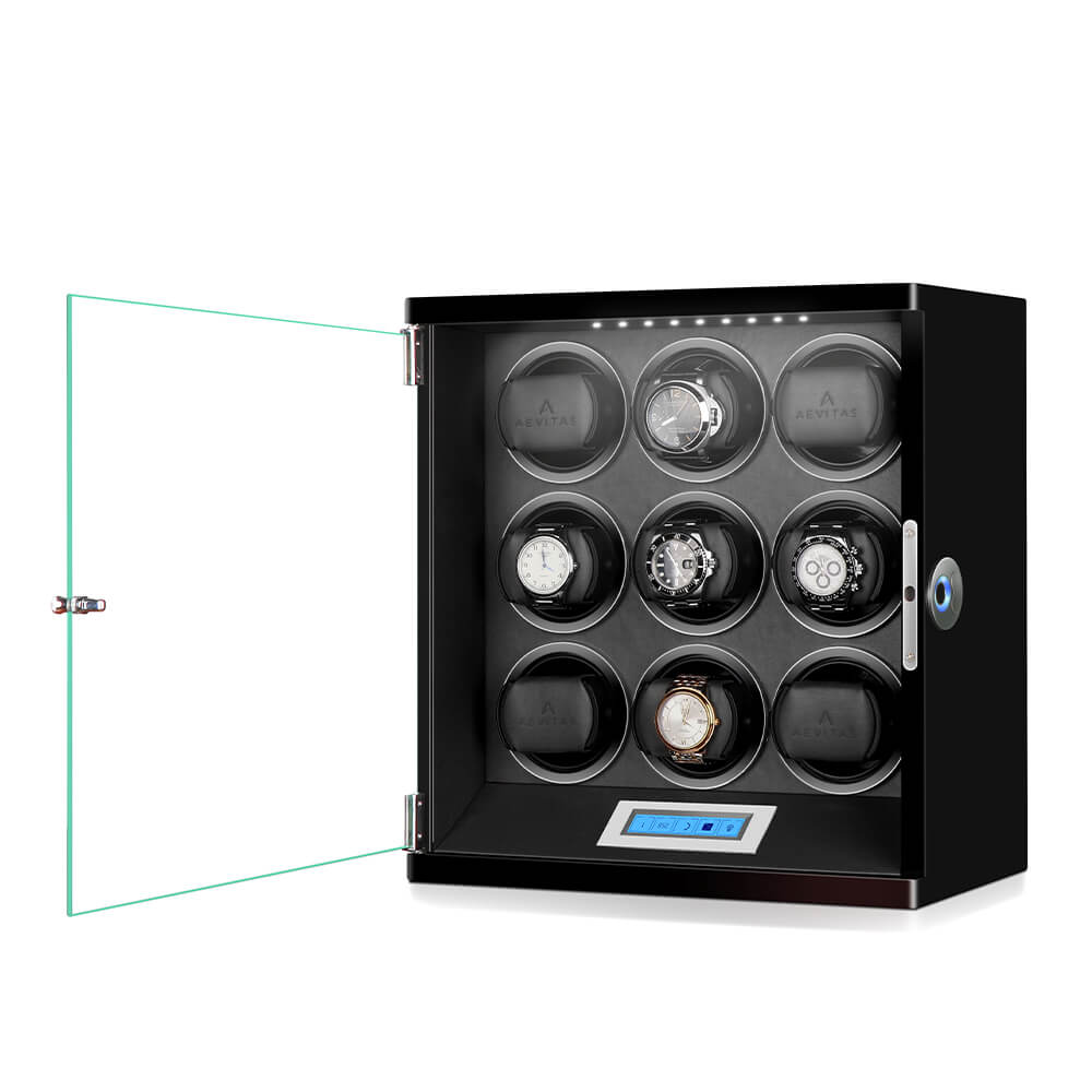 9 Watch Winder Piano Black Wood Finish the Tower Series by Aevitas