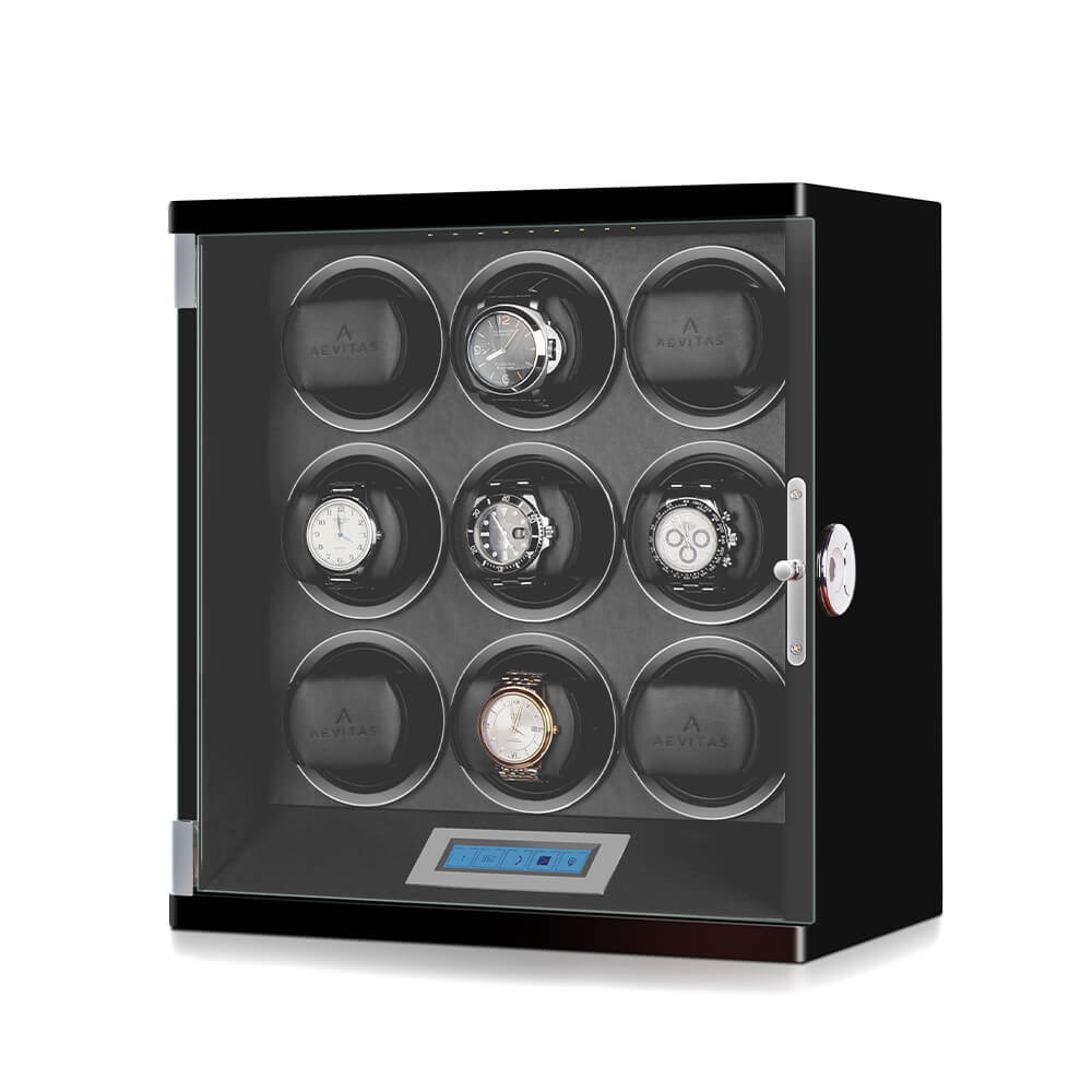 9 Watch Winder Piano Black Wood Finish the Tower Series by Aevitas