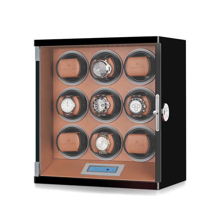 9 Watch Winder Piano Black with Brown the Tower Series by Aevitas