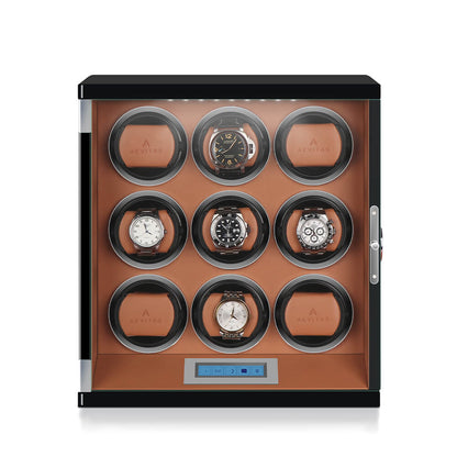 9 Watch Winder Piano Black with Brown the Tower Series by Aevitas