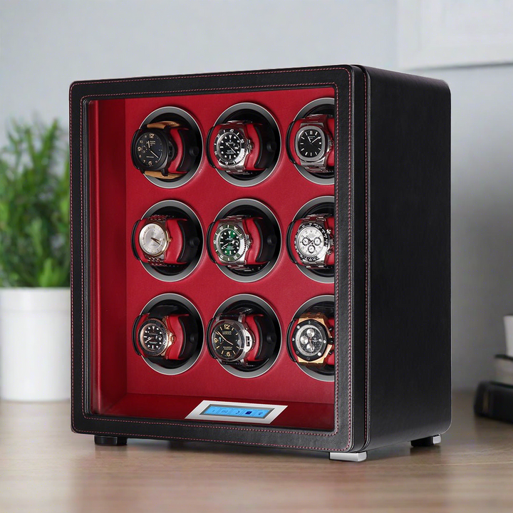 9 Watch Winder in Smooth Black Leather Finish by Aevitas UK