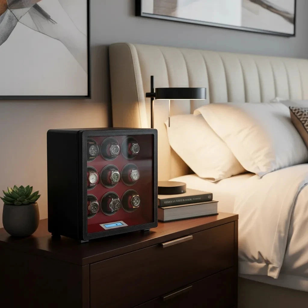 9 Watch Winder in Smooth Black Leather Finish by Aevitas UK