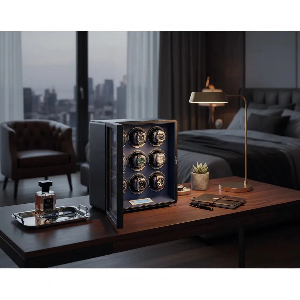 9 Watch Winder in Smooth Black with Blue Leather Finish by Aevitas UK