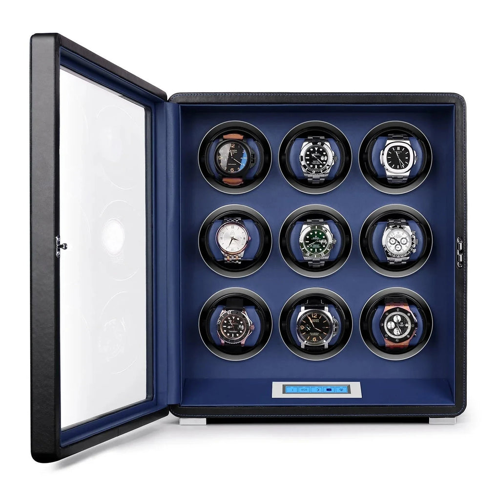 9 Watch Winder in Smooth Black with Blue Leather Finish by Aevitas UK