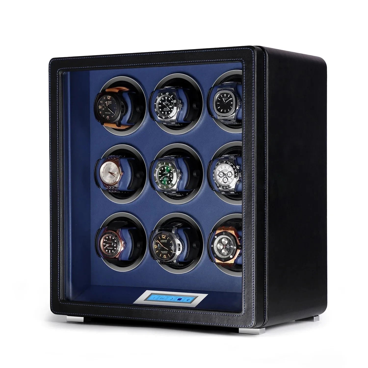 9 Watch Winder in Smooth Black with Blue Leather Finish by Aevitas UK