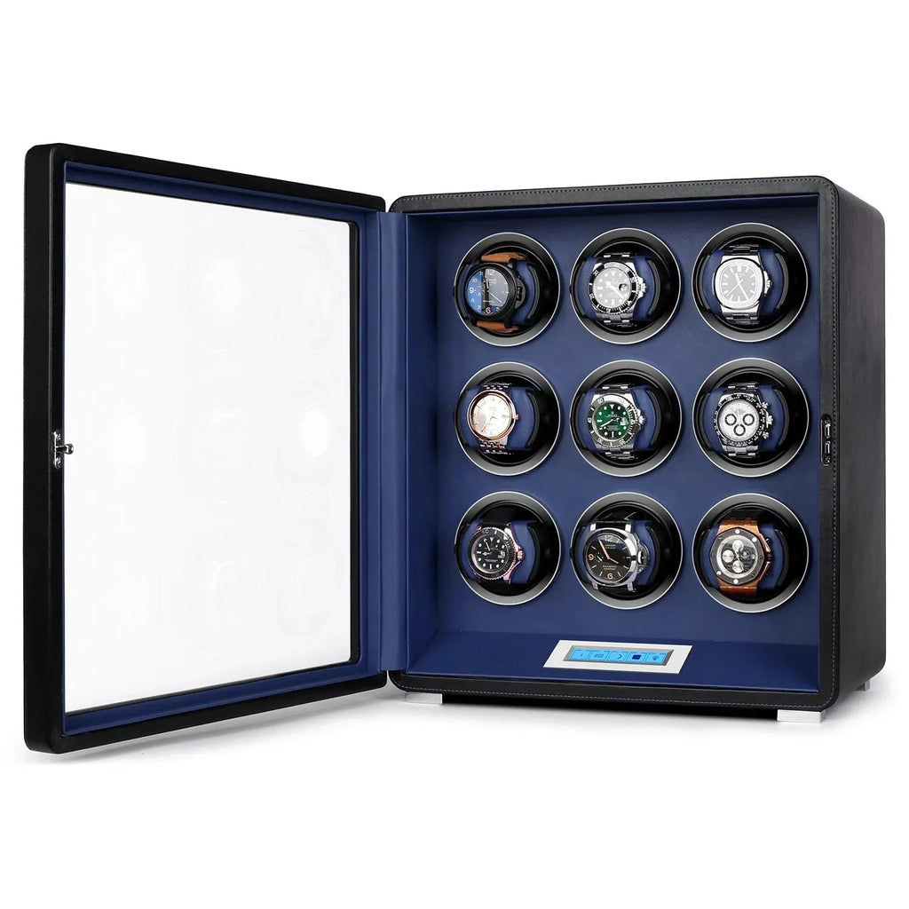 9 Watch Winder in Smooth Black with Blue Leather Finish by Aevitas UK