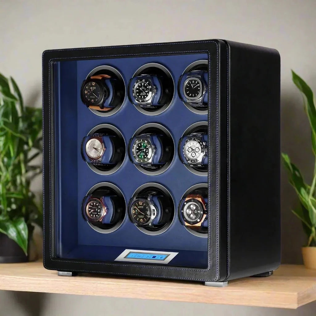 9 Watch Winder in Smooth Black with Blue Leather Finish by Aevitas UK