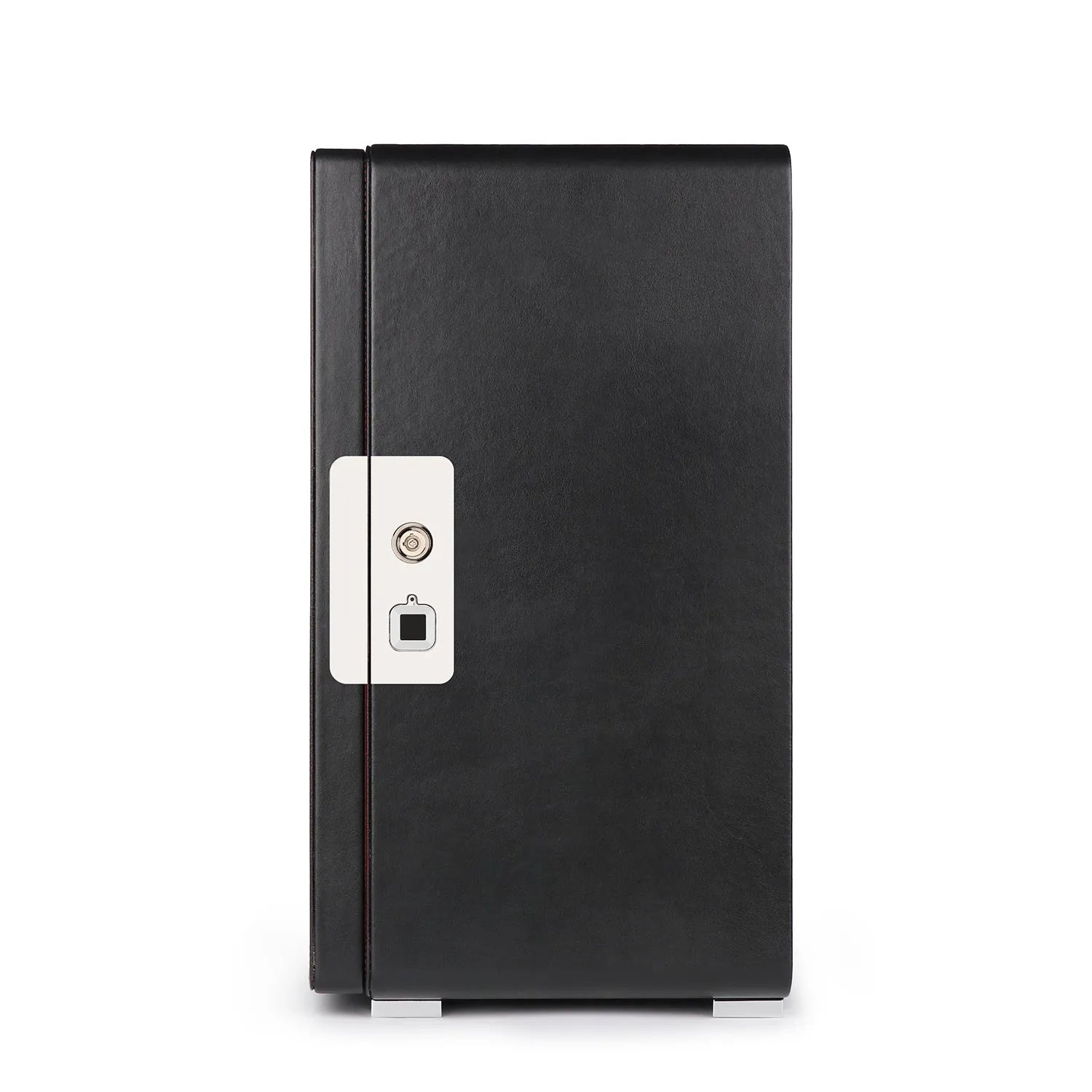 Aevitas 9-watch winder in smooth black leather with a silver lock and modern touchscreen interface.