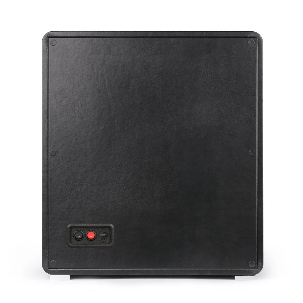 Back view of a black leatherette 9-watch winder featuring a power switch and USB port on a smooth, rectangular casing.