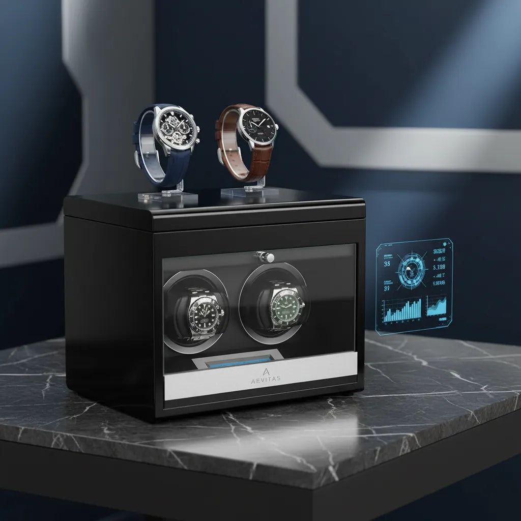 The Aevitas 2 Watch Winder Black Edition with Extra Storage Area securely holds two watches with extra space, features a floating digital display for analytics, and boasts a sleek black design for a high-tech touch.