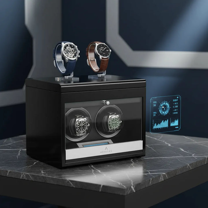 The Aevitas 2 Watch Winder Black Edition with Extra Storage Area securely holds two watches with extra space, features a floating digital display for analytics, and boasts a sleek black design for a high-tech touch.
