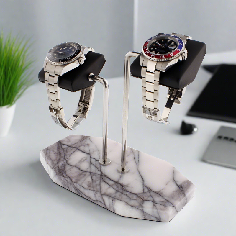 Aevitas Watch Double Stand White Marble Dark Violet Veins with Black Leather