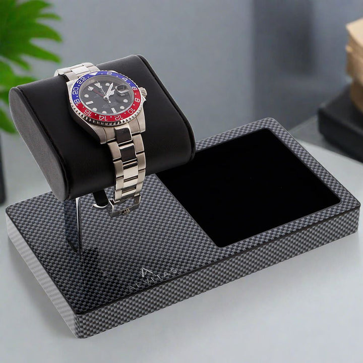 Aevitas Watch Large Stand Carbon Fibre with Black Genuine Leather Holder