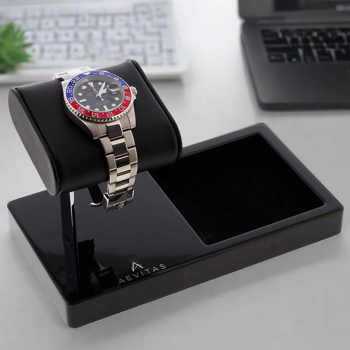 Aevitas Watch Large Stand in Piano Black with Black Genuine Leather Holder