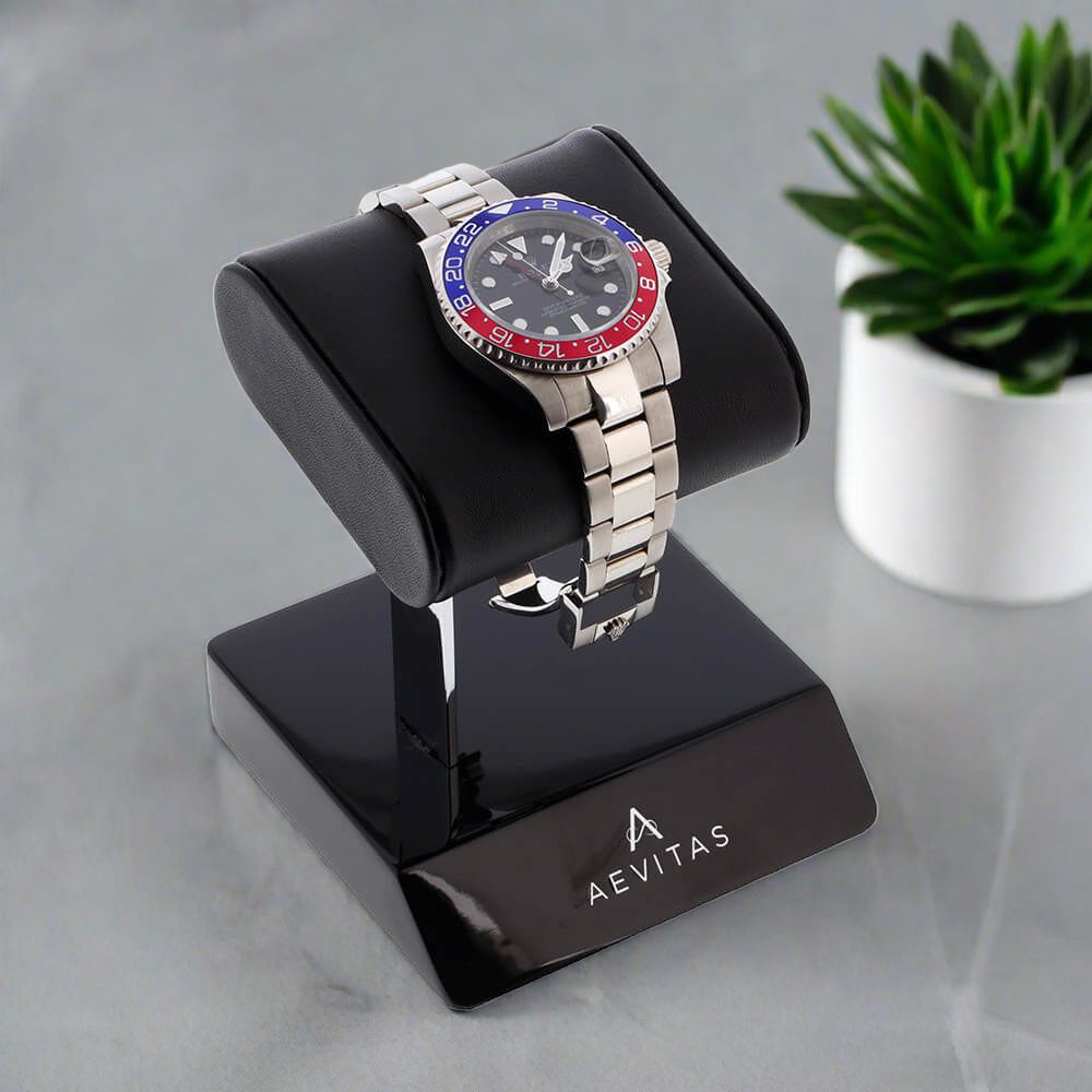 Aevitas Watch Stand Piano Black with Black Real Leather Watch Holder