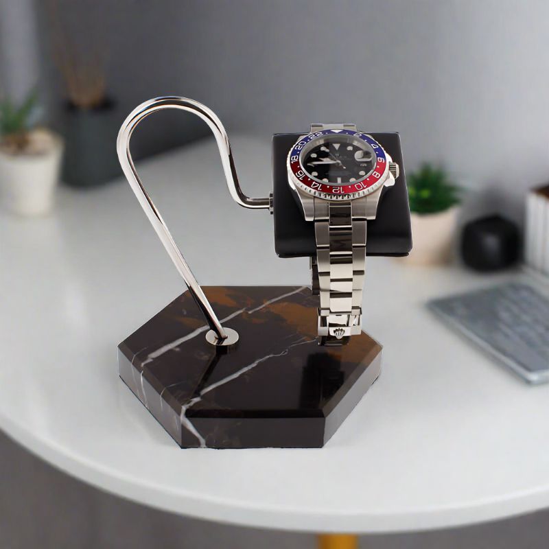 Aevitas Watch Stand in Black Marble Brown Veining with Black Leather