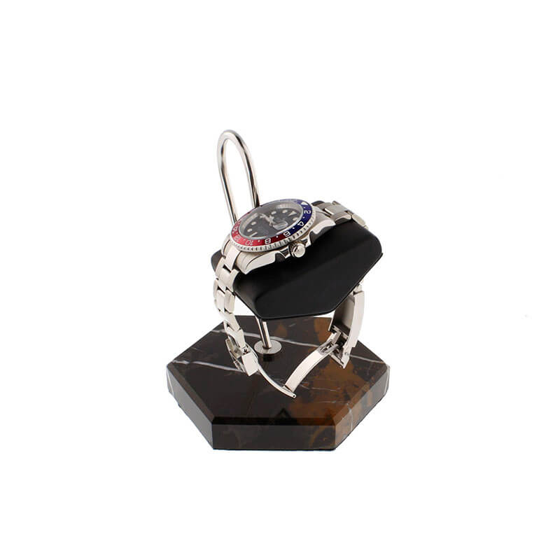 Aevitas Watch Stand in Black Marble Brown Veining with Black Leather