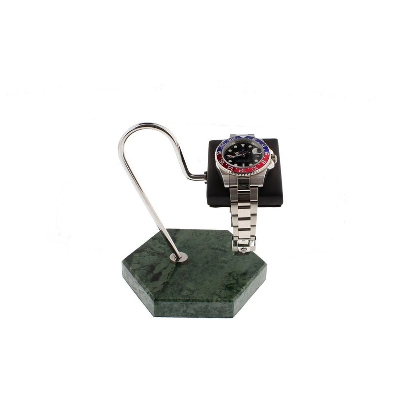 Aevitas Watch Stand in Green Marble Hexagon Base with Black Leather