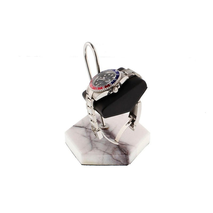 Aevitas Watch Stand in White Marble Dark Violet Veins with Black Leather