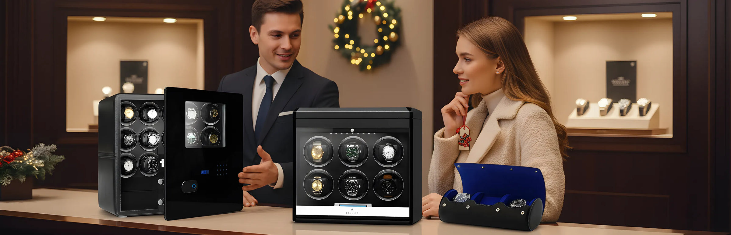 A man and woman talk at a watch store counter decorated for the holidays, with luxury watch winders and a watch case displayed in front of them, and watches showcased in the background.