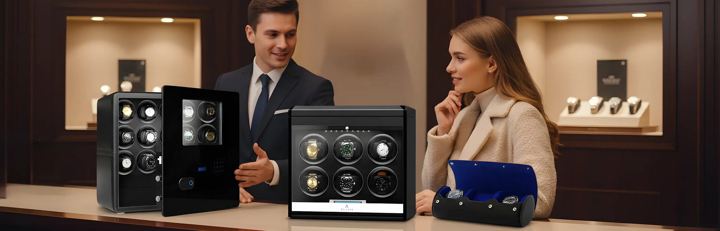 A man and woman talk at a watch store counter decorated for the holidays, with luxury watch winders and a watch case displayed in front of them, and watches showcased in the background.