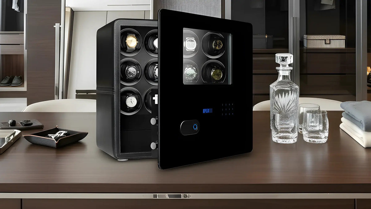 Black watch winder safe on a wooden table with a modern interior background