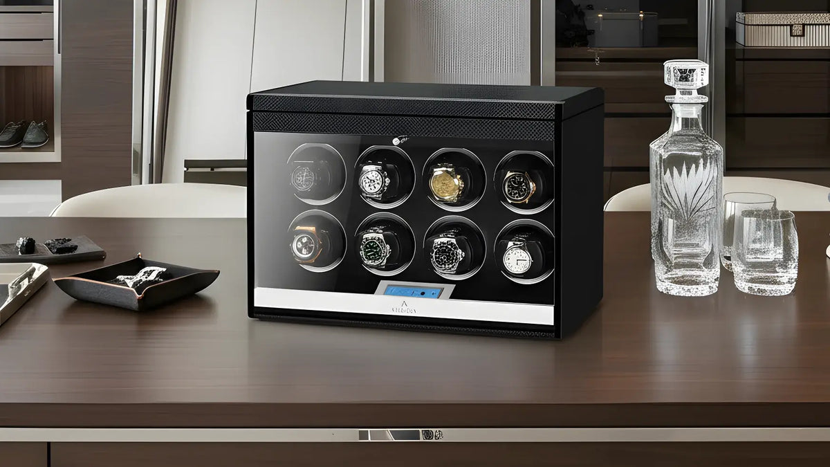Watch Winder on a wooden table with a modern bedroom background