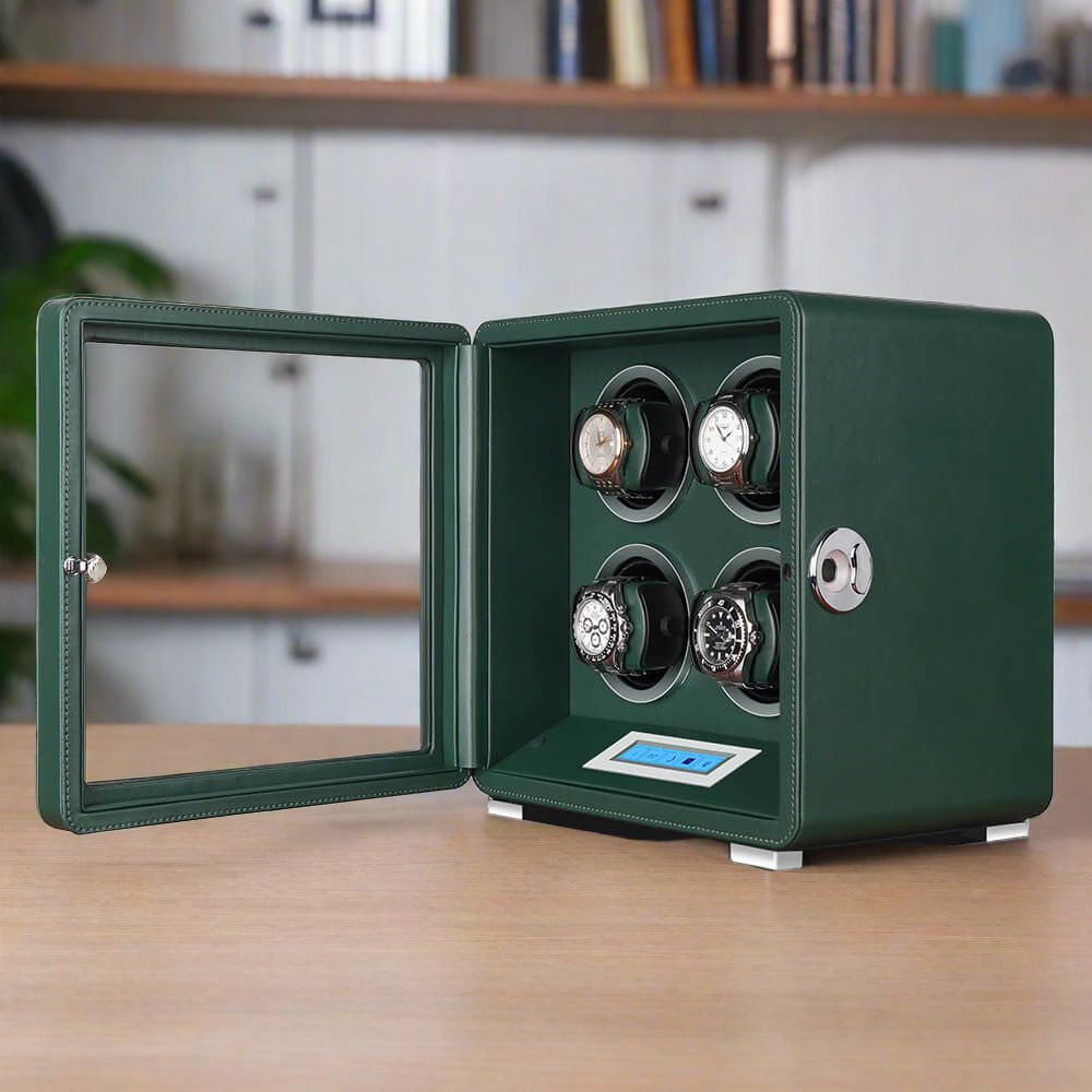 Automatic 4 Watch Winder in Dark Green Smooth Leather Finish by Aevitas