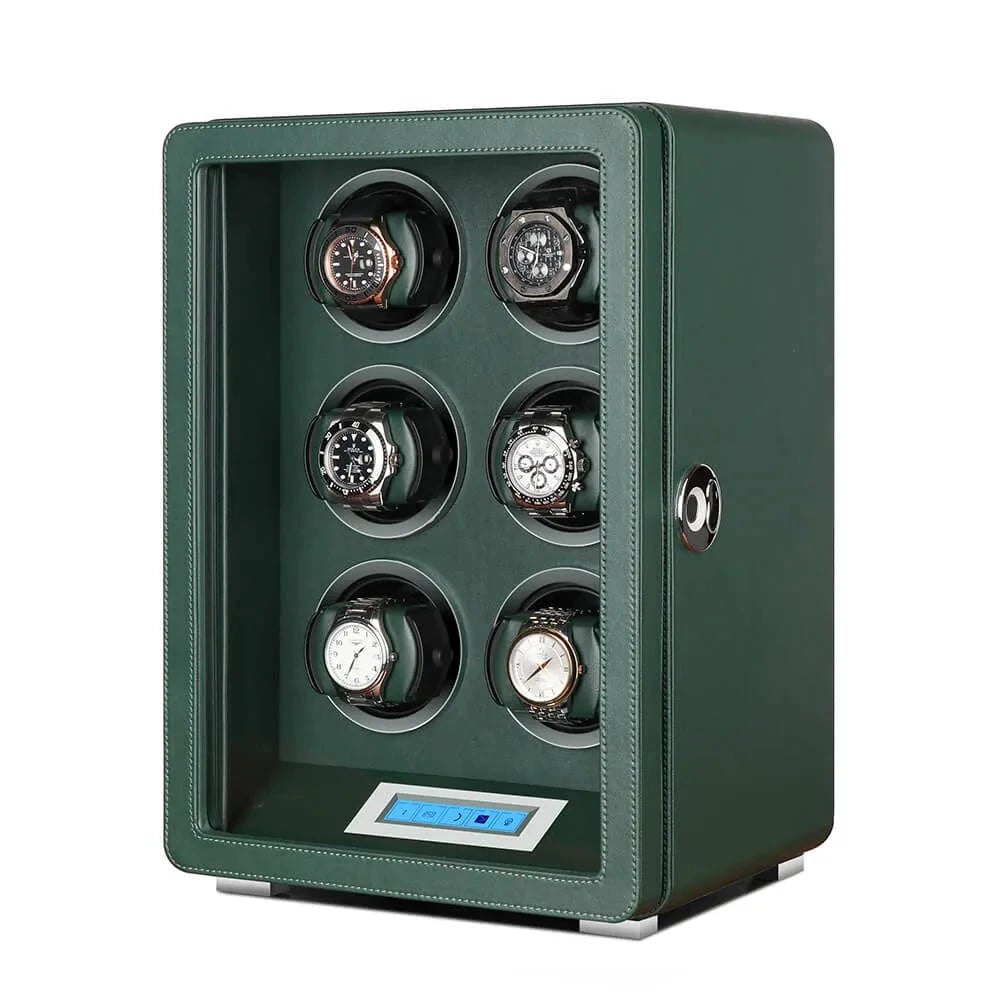 The Aevitas Automatic 6 Watch Winder in dark green smooth leather features an open front to display six watches and a digital control panel, keeping your automatic timepieces ready to wear in style.
