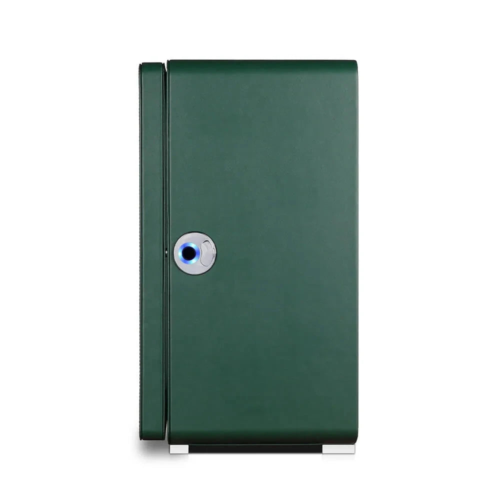 Aevitas Automatic 6 Watch Winder in dark green smooth vegan leather with a silver and blue circular lock, shown front view against a white background—ideal for storing your automatic watches.