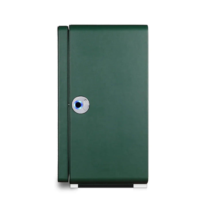 Aevitas Automatic 6 Watch Winder in dark green smooth vegan leather with a silver and blue circular lock, shown front view against a white background—ideal for storing your automatic watches.