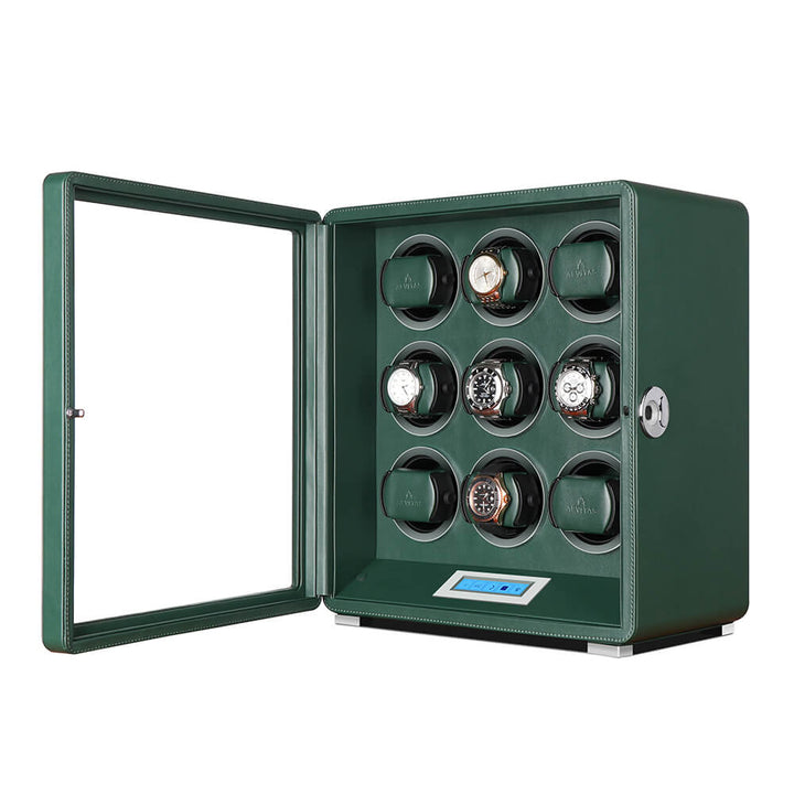 Automatic 9 Watch Winder in Dark Green Smooth Leather Finish by Aevitas