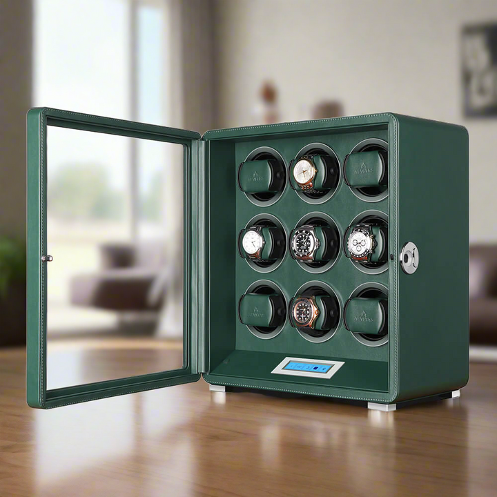 Automatic 9 Watch Winder in Dark Green Smooth Leather Finish by Aevitas