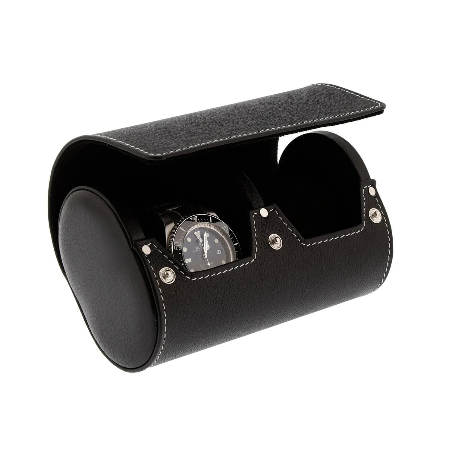 Black Genuine Leather Double Watch Roll Travel Case by Aevitas