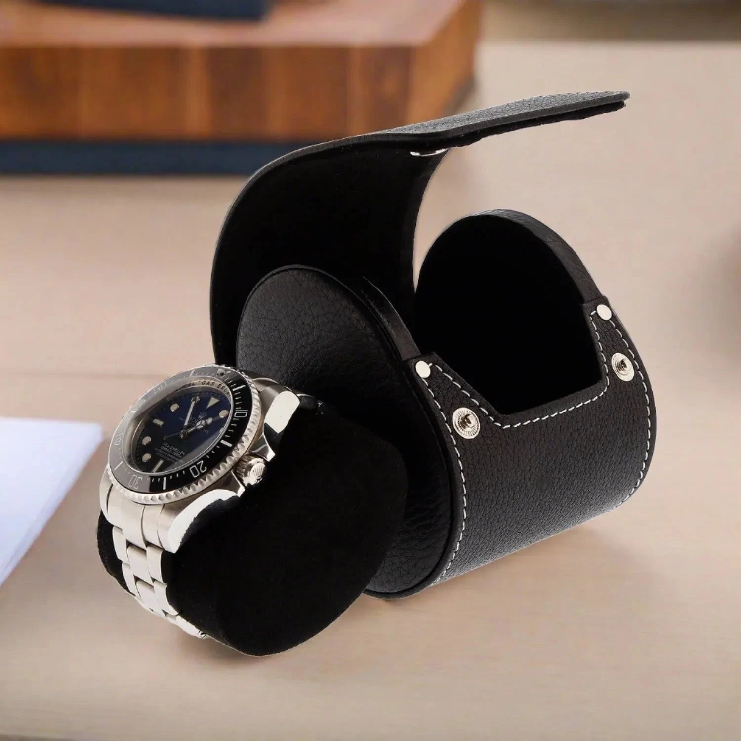 Black Genuine Leather Single Watch Roll Travel Case by Aevitas