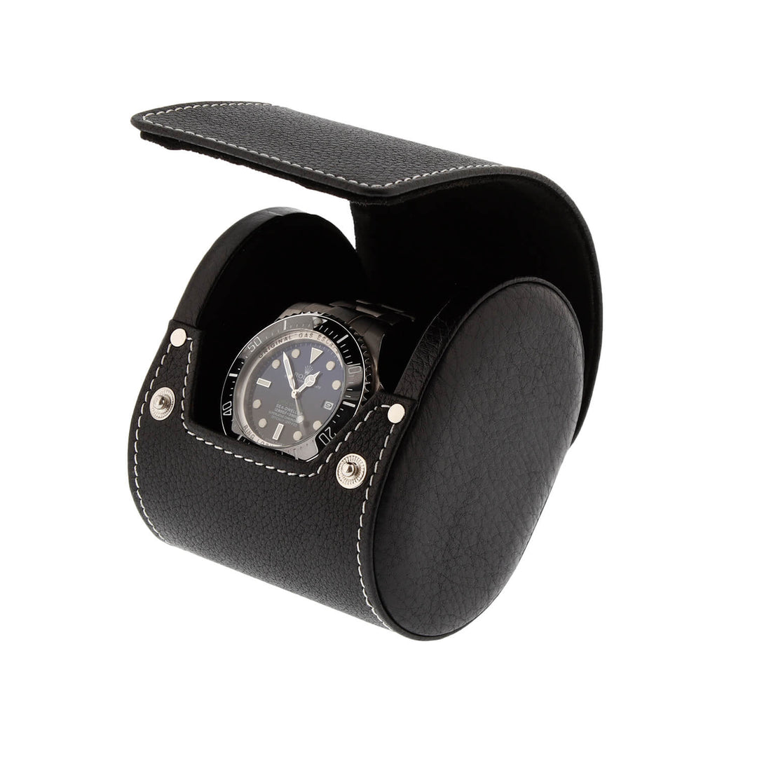 Black Genuine Leather Single Watch Roll Travel Case by Aevitas