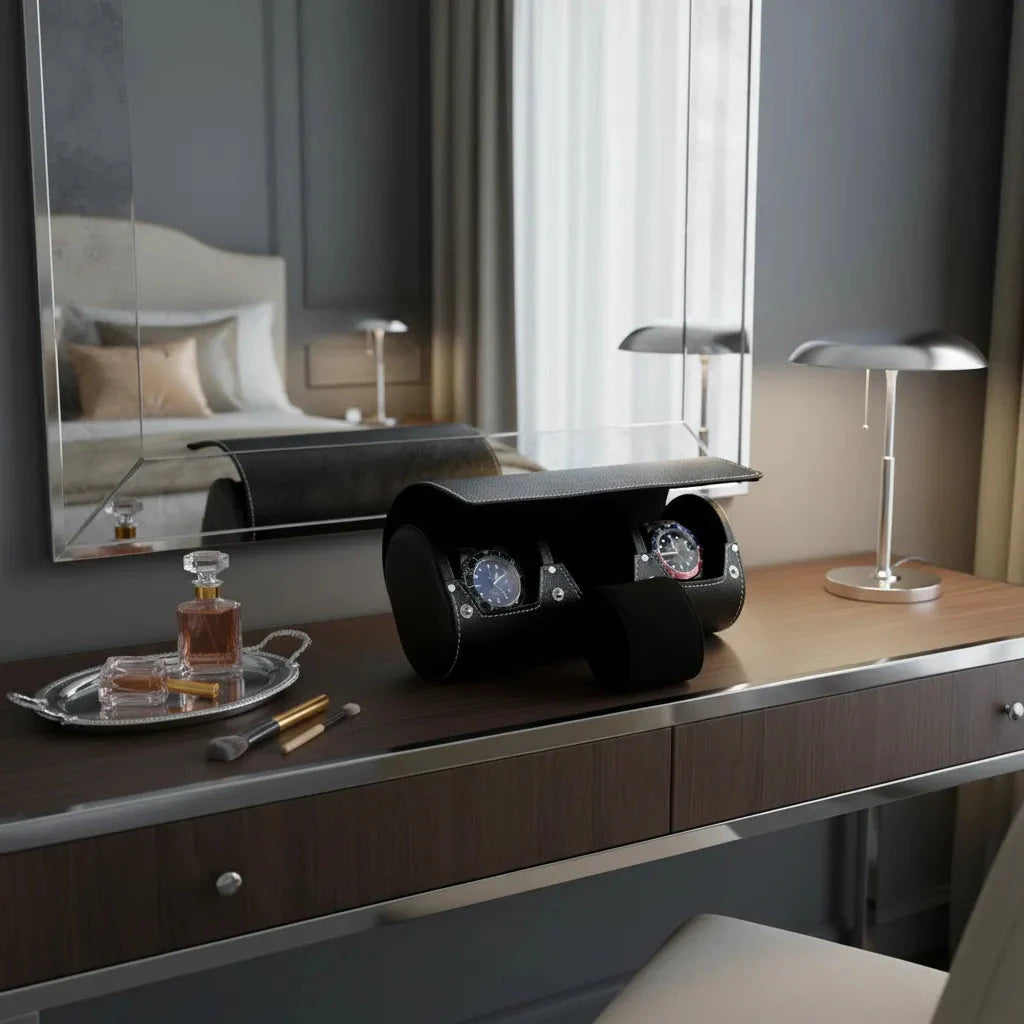 Black Genuine Leather Triple Watch Roll Travel Case by Aevitas