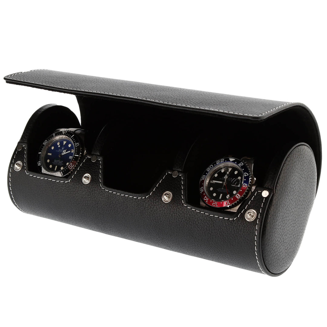 Black Genuine Leather Triple Watch Roll Travel Case by Aevitas