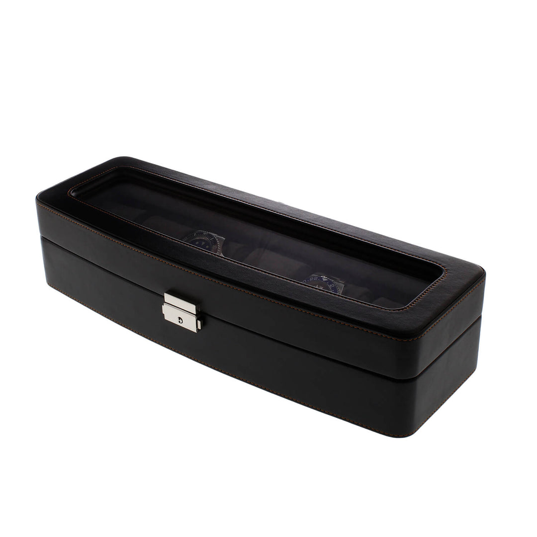Black Leather 6 Watch Box with Glass Lid Premium Quality by Aevitas