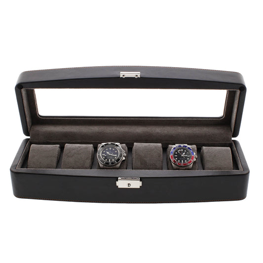 Black Leather 6 Watch Box with Glass Lid Premium Quality by Aevitas